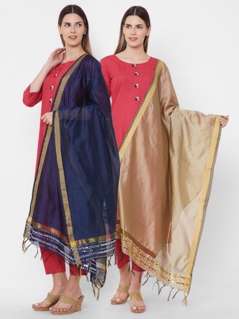 

Get Wrapped Combo Pack of 2 Polyester Gold Border Multicolor Dupatta with Embroidery, Blue