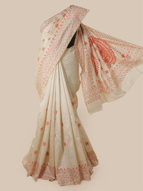 

Pothys Cream-Coloured & Orange Art Silk Embroidered Tussar Saree