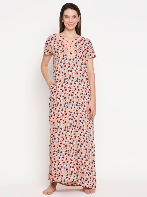 

XIN Women Peach Printed Polka Dotted Nighty