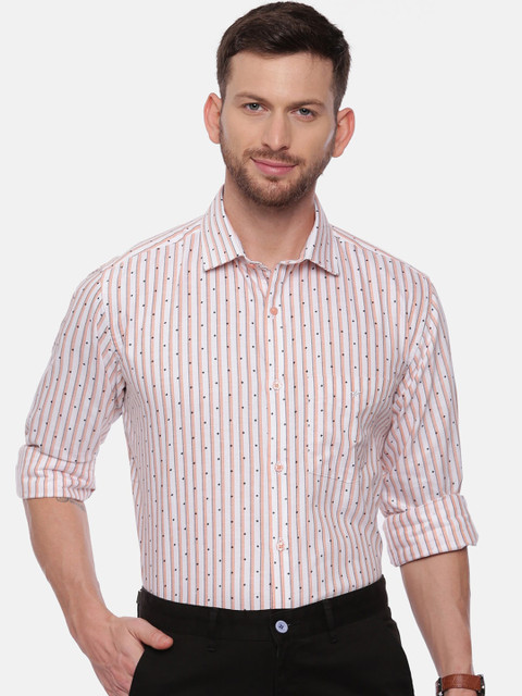 

CROYDON Men Peach-Coloured & White Regular Fit Striped Smart Casual Shirt