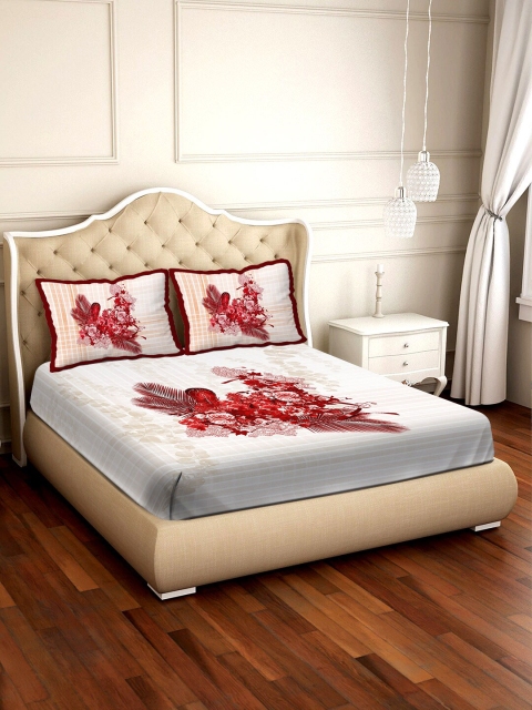 

BELLA CASA White & Red Floral 300 TC Cotton 1 King Bedsheet with 2 Pillow Covers