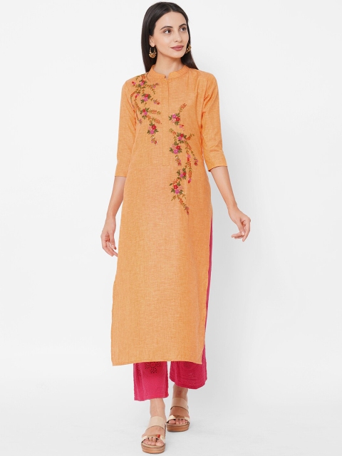 

FASHOR Women Orange Floral Embroidered Kurta