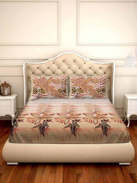 

BELLA CASA Beige & Red Floral 300 TC Cotton 1 King Bedsheet with 2 Pillow Covers