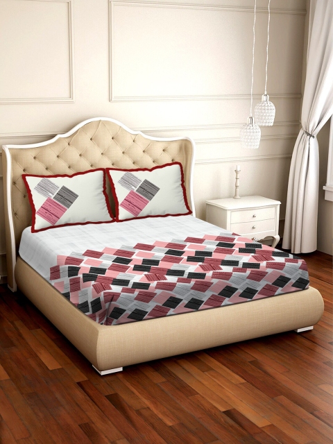 

BELLA CASA Pink & Grey Printed Cotton 1 King Bedsheet with 2 Pillow Covers
