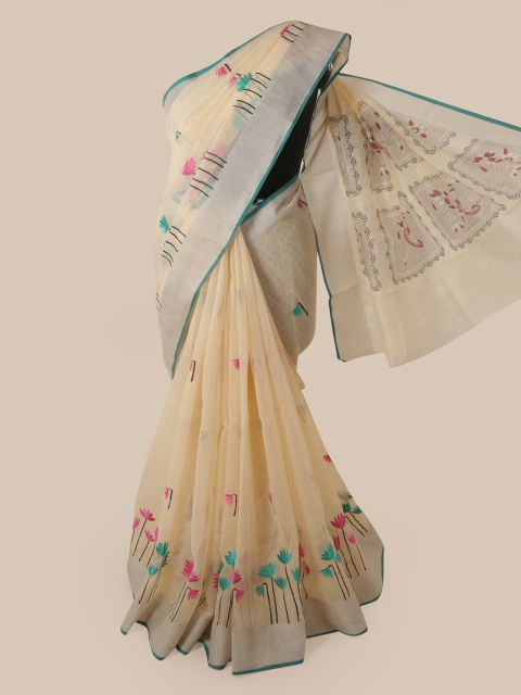 

Pothys Cream-Coloured Cotton Blend Woven Design Chanderi Saree