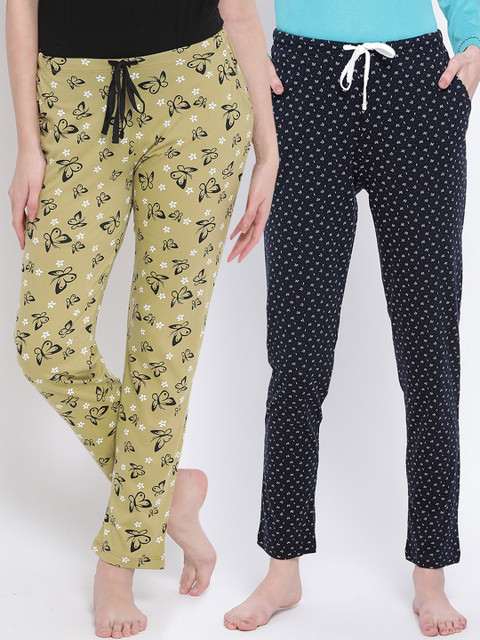 

Kanvin Women Pack of 2 Printed Pure Cotton Lounge Pants, Mustard