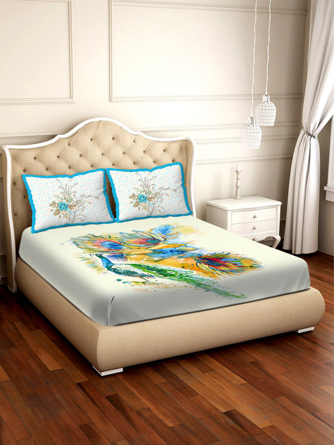 

BELLA CASA Cream-Coloured & Green Floral 300 TC Cotton 1 King Bedsheet with 2 Pillow Covers