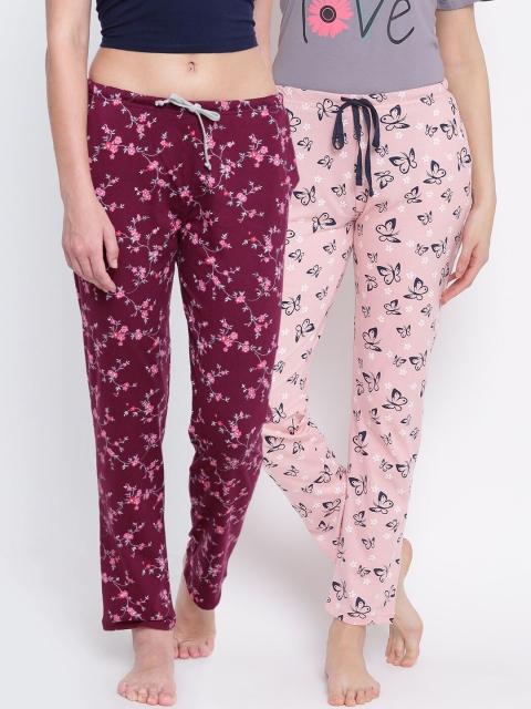 

Kanvin Women Pack of 2 Printed Pure Cotton Lounge Pants, Pink