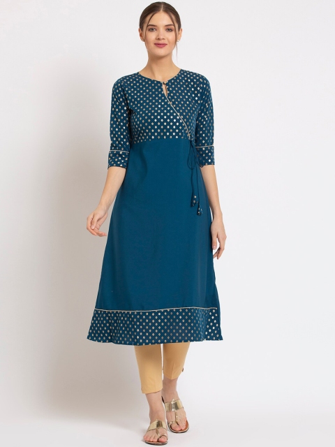 

ALC Creations Women Blue Ethnic Motifs Yoke Design Keyhole Neck Crepe Kurta