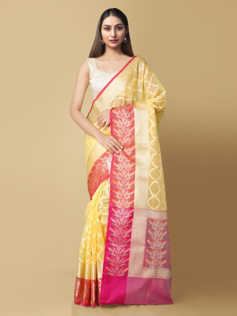 

Unnati Silks Yellow & Pink Silk Cotton Woven Design Banarasi Saree