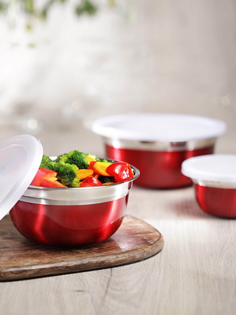 

Jensons Set Of 3 Red & Silver-Toned Stainless Steel Bowl Containers