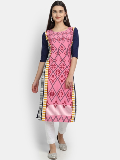 

Ethnic basket Women Pink & Navy Blue Geometric Printed Crepe Kurta