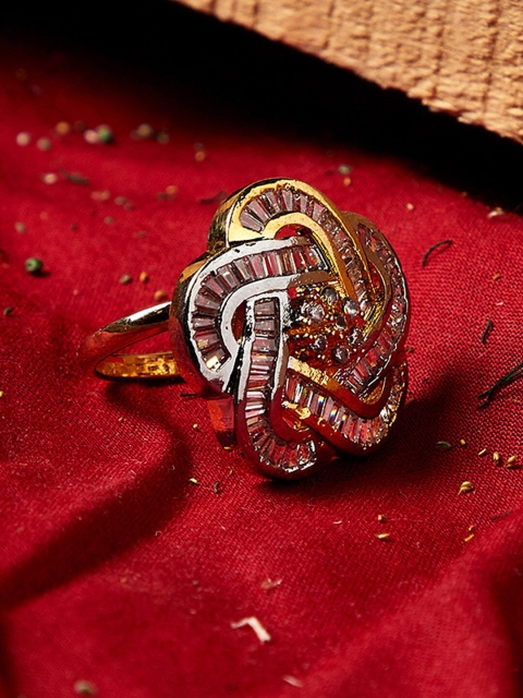 

PANASH Gold-Plated Silver-Toned Cubic Zirconia Studded Handcrafted Finger Ring