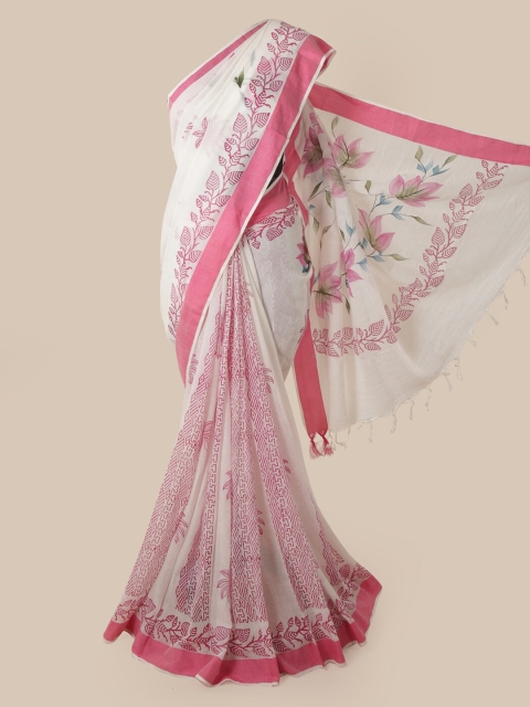 

Pothys White & Pink Linen Blend Printed Saree