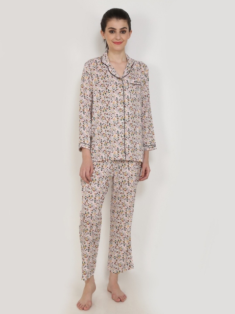 

Aujjessa Women Multi Floral Printed Night Suit, White