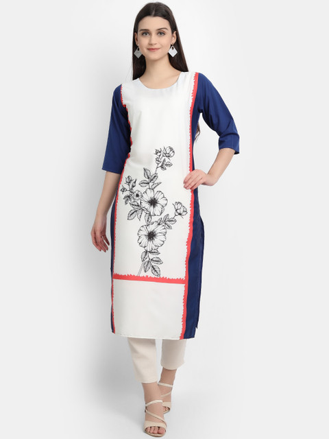 

Ethnic basket Women White & Navy Blue Floral Printed Crepe Kurta