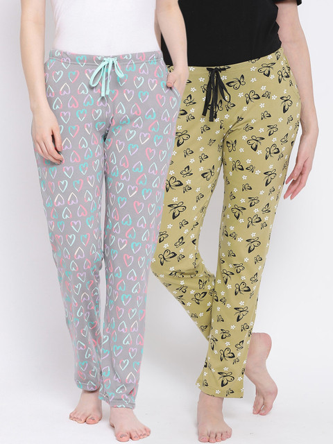 

Kanvin Women Pack of 2 Printed Pure Cotton Lounge Pants, Mustard