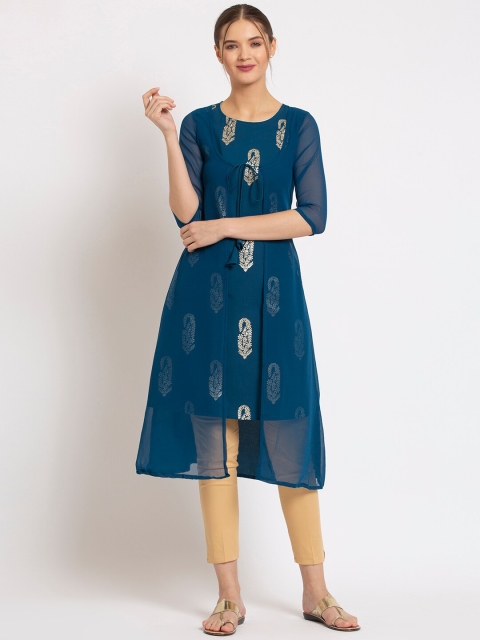 

ALC Creations Women Turquoise Blue & Gold-Toned Ethnic Motifs Crepe Kurta