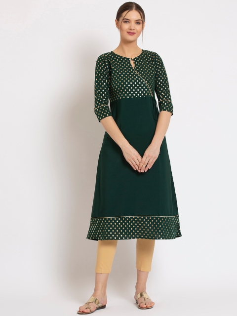 

ALC Creations Women Green Ethnic Motifs Yoke Design Keyhole Neck Crepe Kurta