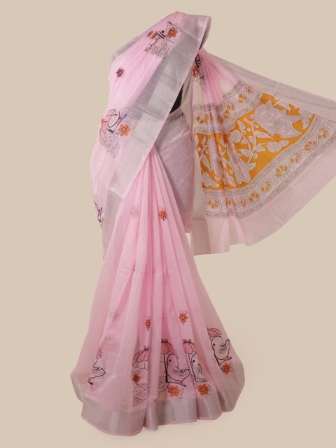 

Pothys Pink Cotton Blend Embroidered Chanderi Saree