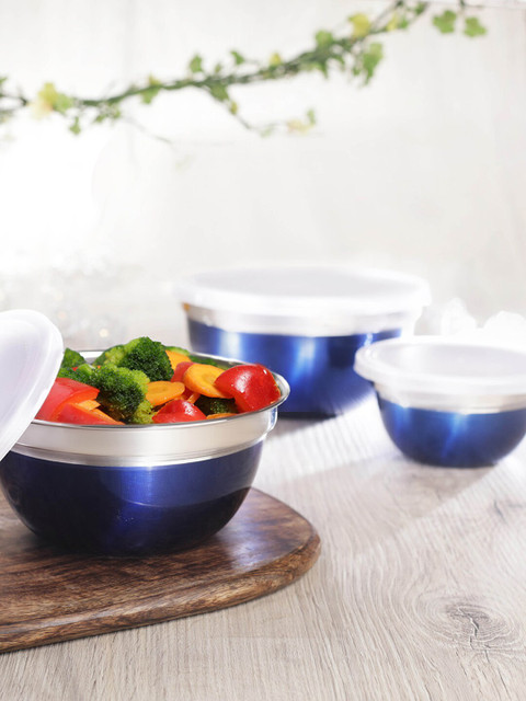 

Jensons Set of 3 Navy Blue & Silver-Toned Stainless Steel Bowl Containers