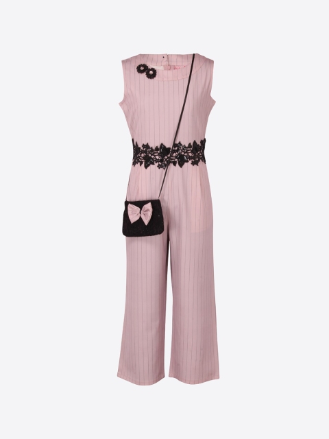 

CUTECUMBER Girls Pink & Black Striped Basic Jumpsuit