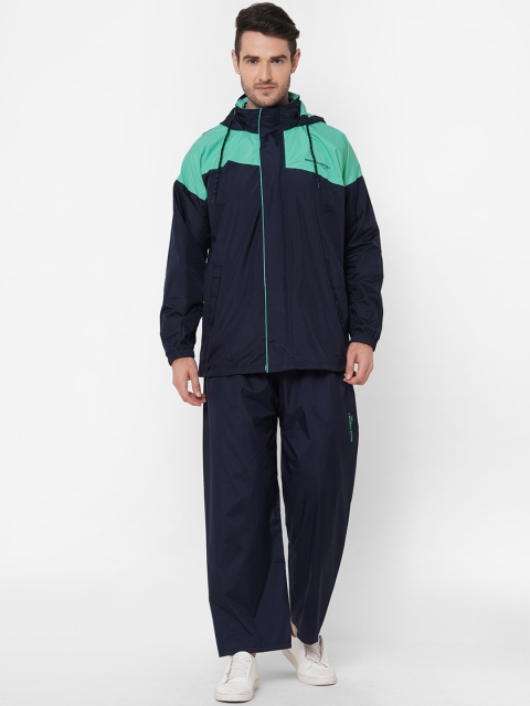 

Zeel Men Navy-Blue & Sea-Green Colourblocked Hooded Rain Suit