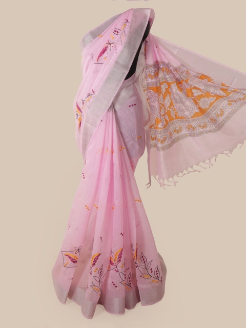 

Pothys Pink Cotton Blend Embroidered Chanderi Saree