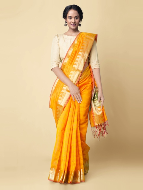 

Unnati Silks Orange Silk Cotton Striped Kanjeevaram Saree