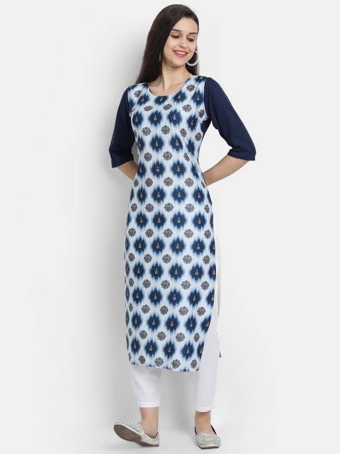 

Ethnic basket Women Blue & White Geometric Printed Crepe Kurta