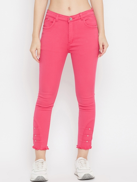 

Purple Feather Women Peach-Coloured Skinny Fit High-Rise Slash Knee Jeans