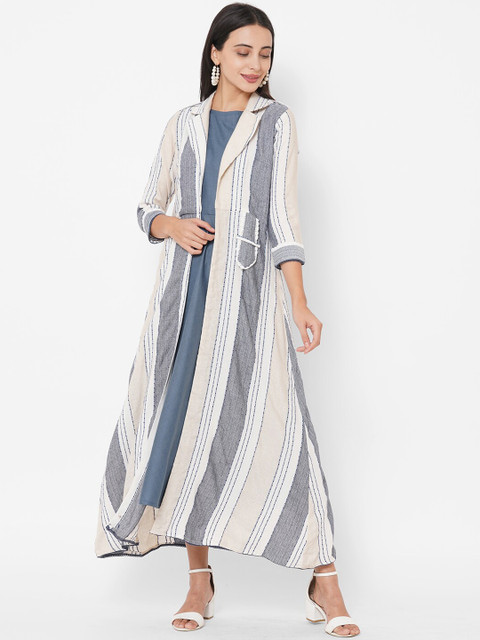

FASHOR Blue Solid Cotton Midi Dress With White Woven Striped Long Jacket