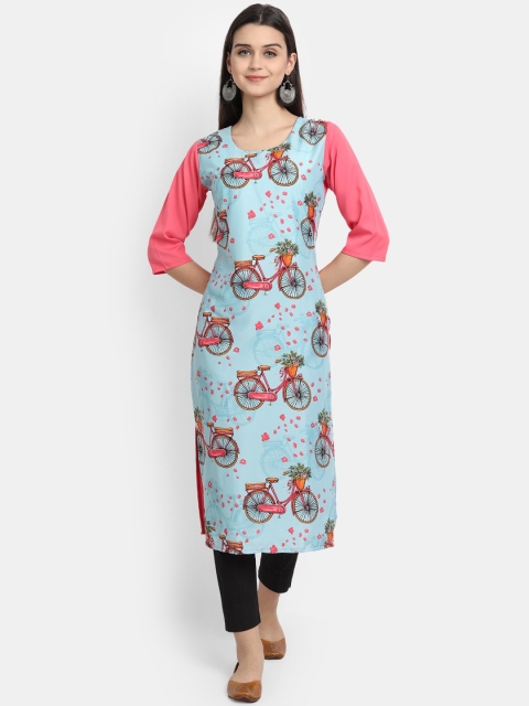 

Ethnic basket Women Blue Floral Embroidered Mirror Work Crepe Kurta