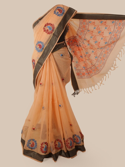 

Pothys Peach-Coloured & Black Cotton Blend Woven Design Chanderi Saree