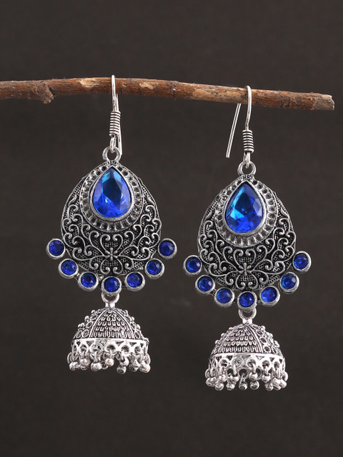 

Silvermerc Designs Blue & Oxidised Silver-Toned Jhumkas