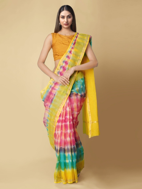 

Unnati Silks Pink & Yellow Pure Cotton Printed Kota Handloom Saree
