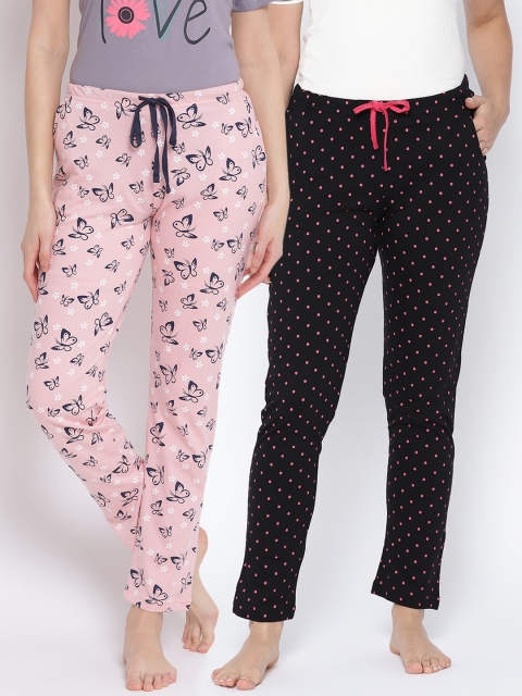 

Kanvin Women Pack of 2 Printed Pure Cotton Lounge Pants, Pink