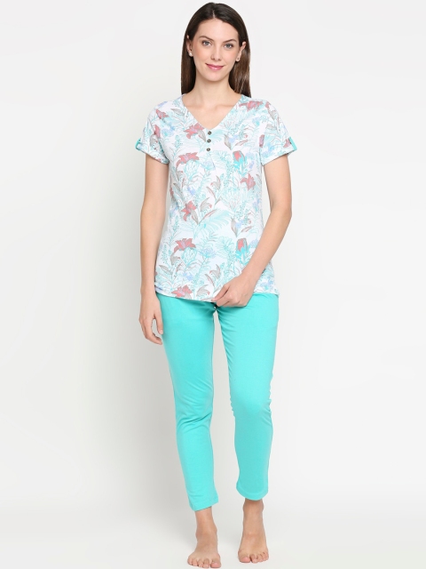 

XIN Women Turquoise Blue Floral Tshirt & Pyjama Set