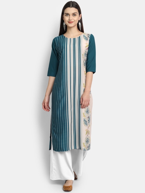 

Ethnic basket Women Teal Striped Crepe Kurta