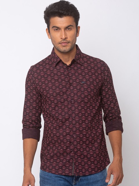 SPYKAR Men Burgundy & Pink Slim Fit Printed Casual Shirt