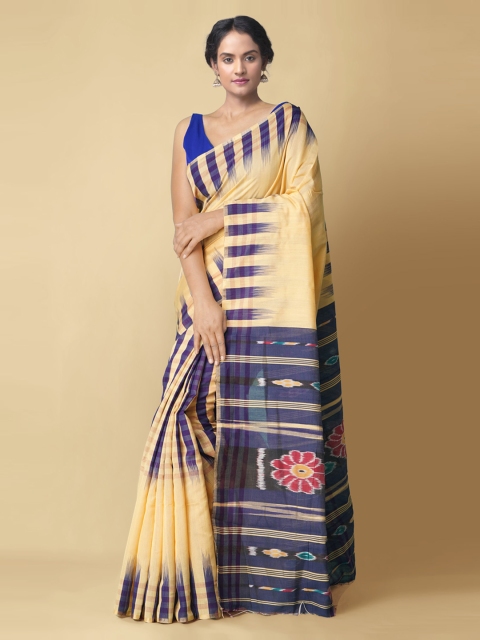 

Unnati Silks Yellow & Navy Blue Pure Cotton Printed Sambalpuri Saree