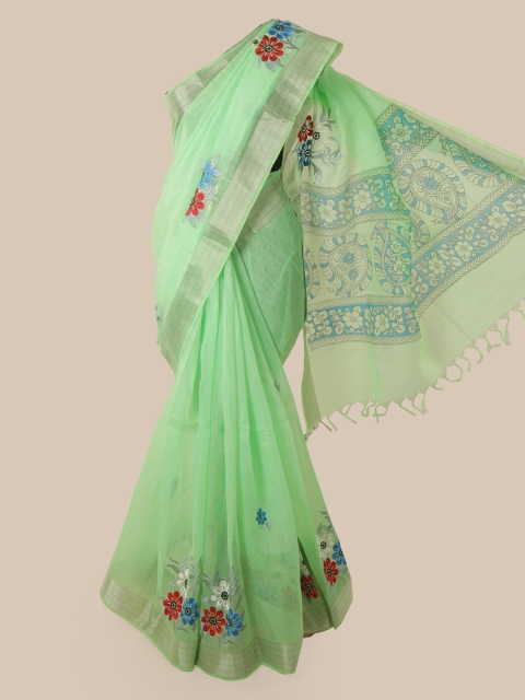 Pothys Green Cotton Blend Embroidered Chanderi Saree