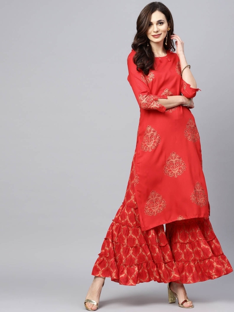 

Ishin DESIGNER STUDIO Women Red Ethnic Motifs Foil Printed A-Line Kurta Set