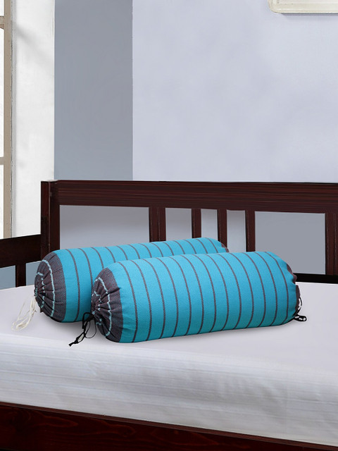 

KLOTTHE Set Of 2 Blue & Charcoal Grey Striped Cotton Bolster Covers