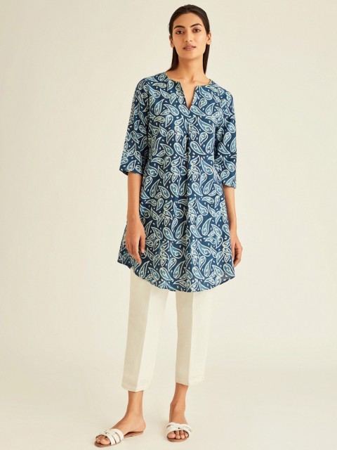 

Ancestry Women Blue Paisley Printed Thread Work Kurta