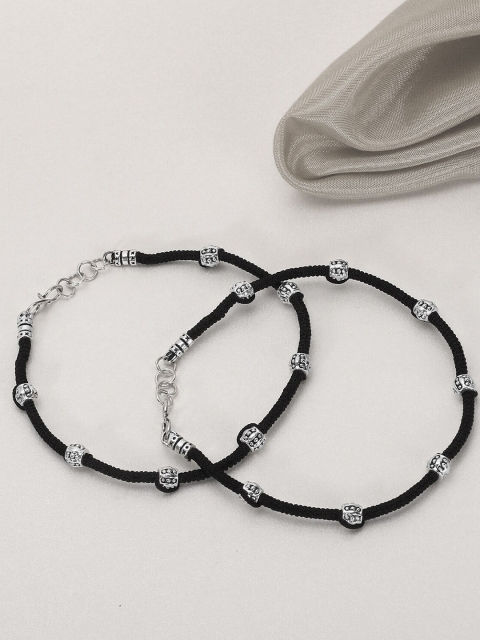 

Adwitiya Collection Set of 2 Silver-Plated Black Thread Handcrafted Beads Anklets
