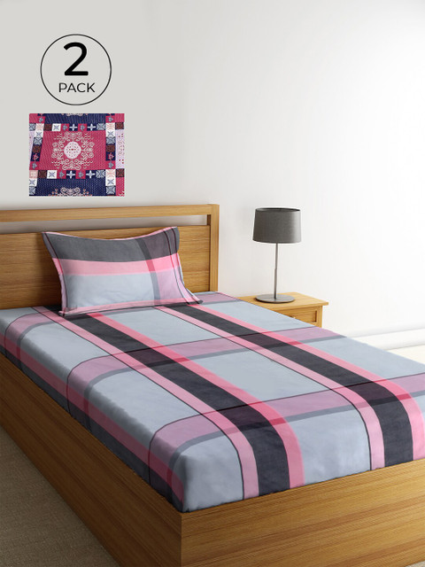 

KLOTTHE Grey & Pink Geometric 210 TC Polycotton 2 Single Bedsheet with 2 Pillow Covers