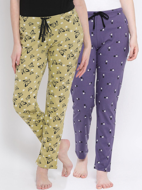 

Kanvin Women Pack of 2 Printed Pure Cotton Lounge Pants, Mustard