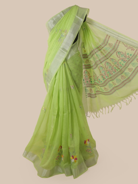 

Pothys Green Cotton Blend Embroidered Chanderi Saree