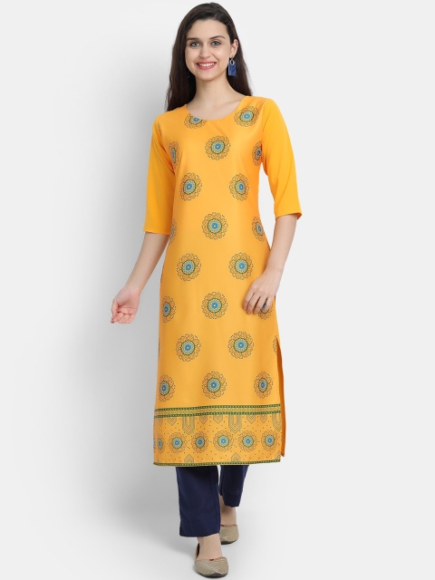 

Ethnic basket Women Yellow & Blue Floral Printed Floral Crepe Kurta